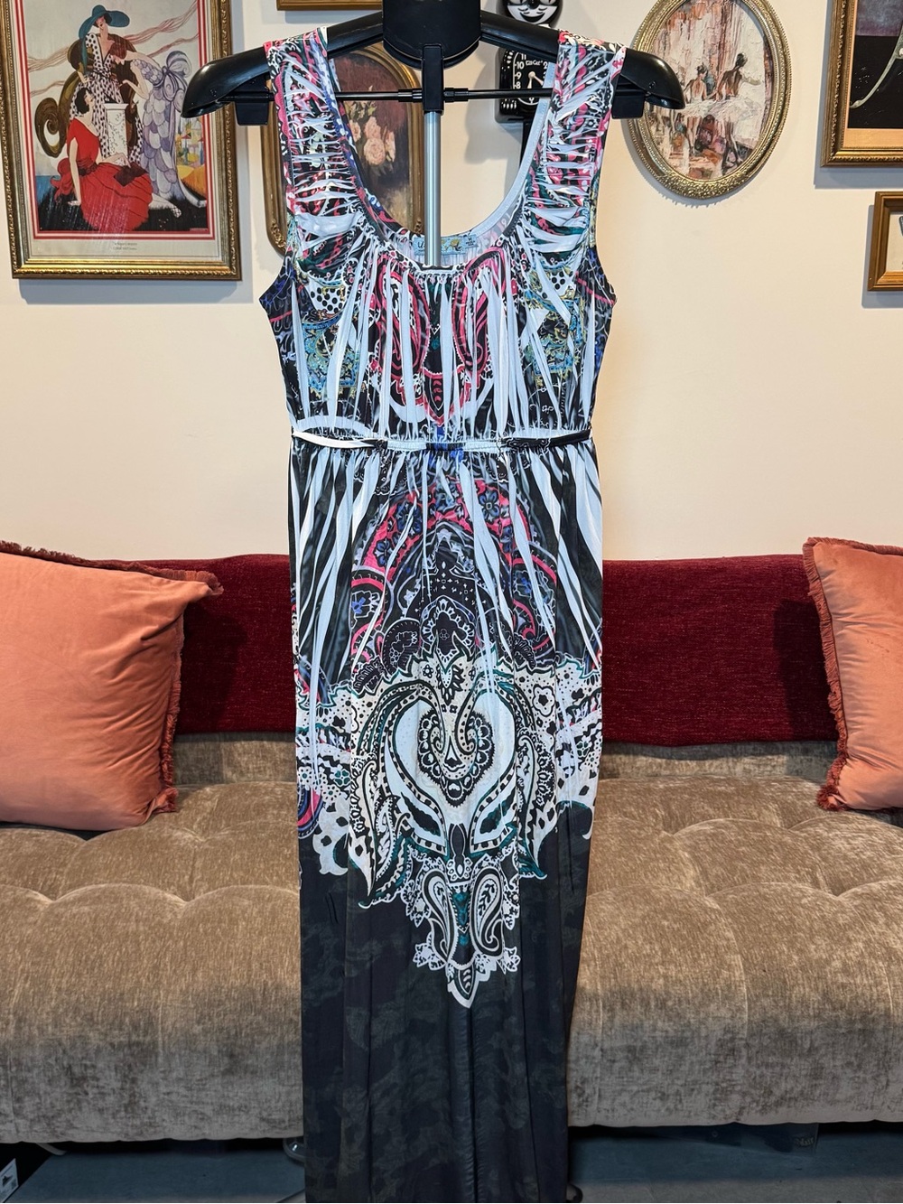 Unity World Wear Y2K Paisley Maxi Dress in Black, Pink & White